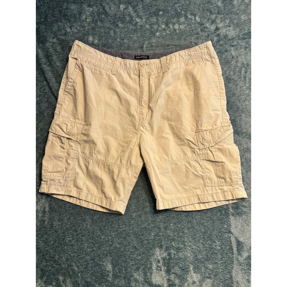 Nautica Mens Shorts 38W Cargo Shorts Beige 100% Cotton Solid Casual Flat Front